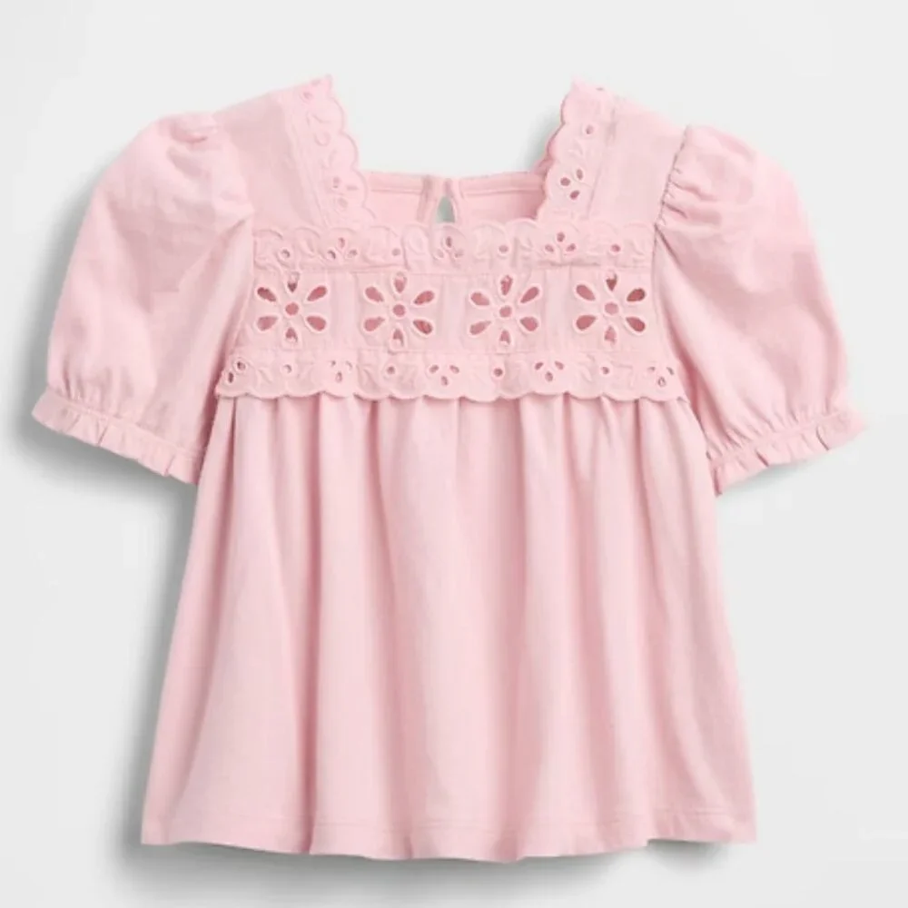 Gap Eyelet Lace Top Short Puff Sleeves Pink Baby Size 18-24M NEW WITH TAGS